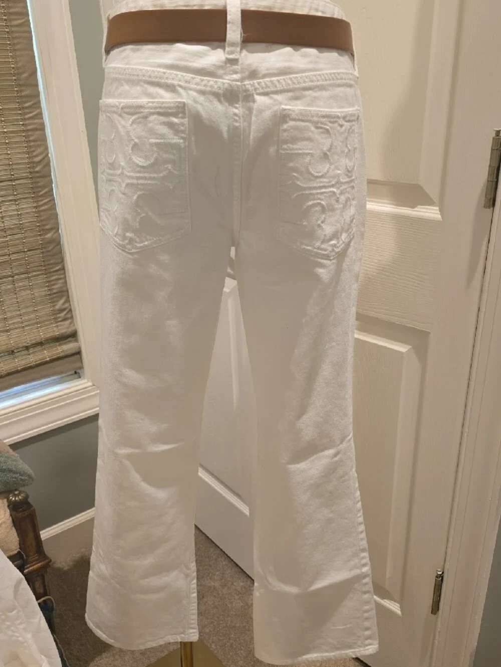 Tory Burch White Boot Cut Jeans with Orange Logo Tag